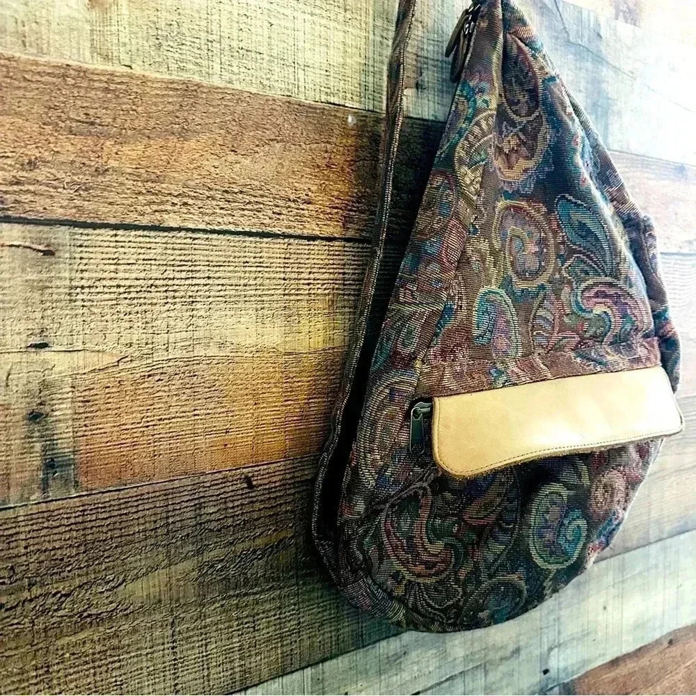 Vintage 90s L.L. Bean Ameribag Paisley Tapestry Sling Shoulder Bag Backpack - Picture 4 of 15